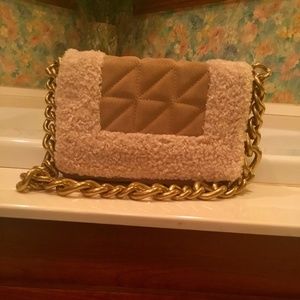 NWOT tan suede Zara faux wool trim purse